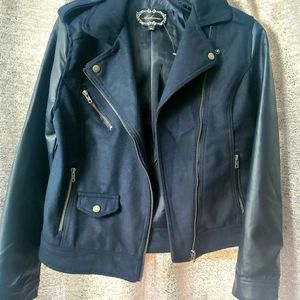 New Faux navy leather and wool jacket size large